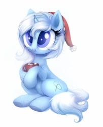 Size: 833x1024 | Tagged: safe, artist:confetticakez, imported from derpibooru, part of a set, oc, oc only, oc:eula phi, pony, unicorn, chocolate, christmas, commission, cute, female, food, hat, holiday, hot chocolate, mare, ocbetes, santa hat, simple background, sitting, solo, white background, ych result