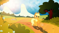 Size: 3840x2160 | Tagged: safe, artist:estories, artist:laszlvfx, edit, imported from derpibooru, applejack, earth pony, pony, cowboy hat, female, hat, lens flare, mare, shadow, solo, wallpaper, wallpaper edit