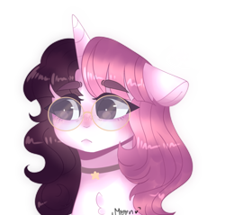 Size: 1280x1225 | Tagged: safe, artist:moon-rose-rosie, imported from derpibooru, oc, oc only, oc:valentina, pony, unicorn, bust, chest fluff, collar, female, floppy ears, glasses, mare, simple background, solo, stars, transparent background, two toned mane