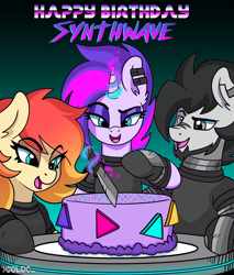 Size: 3407x4000 | Tagged: safe, artist:ciderpunk, imported from derpibooru, oc, oc:blackout, oc:sunset neon, oc:synthwave, pony, unicorn, 80s, cake, clothes, cyberpunk, ear piercing, earring, food, glowstick, happy birthday, jewelry, looking at you, piercing, punk, retro, retrofuturism, retrowave, synthwave