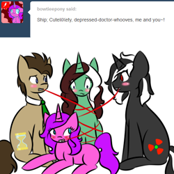 Size: 512x512 | Tagged: safe, artist:kaggy009, imported from derpibooru, doctor whooves, time turner, oc, oc:peppermint pattie (unicorn), pony, unicorn, ask peppermint pattie, female, male, mare, mouth hold, ribbon, stallion