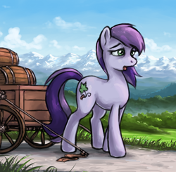 Size: 650x638 | Tagged: safe, artist:choedan-kal, imported from derpibooru, oc, oc only, oc:cork dork, earth pony, pony, barrel, cart, female, mare, mountain, mountain range, scenery, solo, tired, tongue out