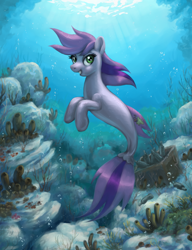 Size: 626x814 | Tagged: safe, artist:choedan-kal, imported from derpibooru, oc, oc only, oc:cork dork, pony, seapony (g4), female, mare, sea sponge, seaponified, solo, species swap, underwater