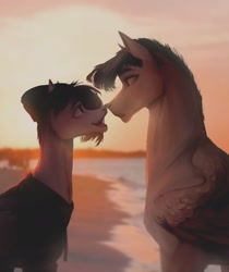 Size: 1600x1905 | Tagged: safe, artist:ststayss, imported from derpibooru, oc, pegasus, pony, boop, clothes, digital painting, eye contact, hat, looking at each other, noseboop, smiling, sunset, sweater