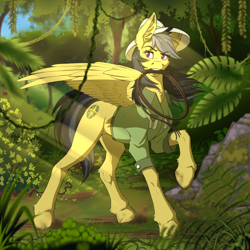 Size: 2000x2000 | Tagged: safe, artist:twotail813, imported from derpibooru, daring do, pegasus, pony, cheek fluff, chest fluff, clothes, crepuscular rays, ear fluff, female, forest, hat, jungle, leg fluff, mare, mouth hold, raised hoof, solo, whip, wings