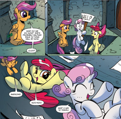 Size: 1331x1302 | Tagged: safe, artist:ponygoddess, idw, imported from derpibooru, apple bloom, scootaloo, sweetie belle, earth pony, pegasus, pony, unicorn, friends forever, spoiler:comic, spoiler:comicff16, click, cute, cutie mark crusaders, female, filly, help, sign, slide, this will end in tears and/or death and/or covered in tree sap, trio, trio female