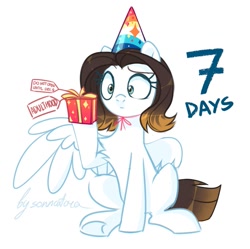 Size: 949x947 | Tagged: safe, artist:sonnatora, imported from derpibooru, oc, oc only, pegasus, pony, chest fluff, confused, hat, party hat, present, solo, underhoof