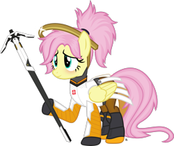 Size: 2427x2040 | Tagged: safe, artist:anime-equestria, imported from derpibooru, fluttershy, pegasus, pony, alternate hairstyle, blushing, boots, crossover, cute, female, hairband, halo, happy, mercy, mercyshy, overwatch, ponytail, shiny, shoes, shyabetes, simple background, smiling, solo, staff, transparent background, vector, wings