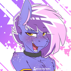 Size: 1280x1280 | Tagged: safe, artist:whisperfoot, imported from derpibooru, oc, oc only, oc:berry frost, anthro, earth pony, angular, arm warmers, blushing, cheek fluff, chest fluff, chest freckles, clothes, collar, ear blush, ear fluff, ear freckles, eyeshadow, fangs, freckles, lidded eyes, looking at you, makeup, male, open mouth, sharp teeth, shoulder fluff, shoulder freckles, simple background, smiling, solo, stylized, teeth, triangle