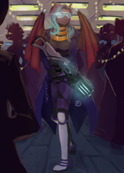 Size: 2000x2800 | Tagged: safe, artist:fail_jee, imported from derpibooru, oc, oc only, oc:dawn sentry, anthro, bat pony, background character, background characters, bat wings, clothes, cyberpunk, dyed hair, female, gun, plasma gun, trenchcoat, visor, weapon, wings
