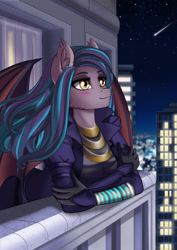Size: 2480x3508 | Tagged: safe, alternate version, artist:lifejoyart, imported from derpibooru, oc, oc only, oc:dawn sentry, anthro, bat pony, anthro oc, bat pony oc, bat wings, blushing, city, clothes, commission, cyberpunk, digital art, dress, dyed hair, ear fluff, female, looking up, mare, night, night sky, shooting star, sky, smiling, solo, stars, trenchcoat, wings