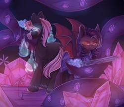 Size: 1982x1723 | Tagged: safe, artist:crybaby, imported from derpibooru, oc, oc only, oc:dawn sentry, oc:twilight dancer, bat pony, pony, unicorn, bat wings, crystal, female, fight, magic, male, sword, weapon, wings