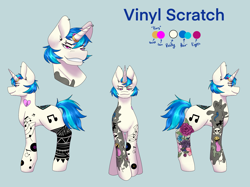 Size: 2732x2048 | Tagged: safe, artist:blacksky1113, artist:snows-undercover, imported from derpibooru, dj pon-3, vinyl scratch, pony, unicorn, icey-verse, alternate hairstyle, blue background, commission, ear piercing, earring, eyebrow piercing, female, horn, horn ring, implied lesbian, implied octavia, implied scratchtavia, implied shipping, jewelry, mare, piercing, reference sheet, ring, simple background, solo, tattoo, wedding ring