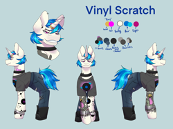 Size: 2732x2048 | Tagged: safe, alternate version, artist:blacksky1113, artist:snows-undercover, imported from derpibooru, dj pon-3, vinyl scratch, pony, unicorn, icey-verse, alternate hairstyle, blue background, boots, bracelet, choker, clothes, commission, ear piercing, earring, eyebrow piercing, female, horn, horn ring, implied lesbian, implied octavia, implied scratchtavia, implied shipping, jeans, jewelry, mare, pants, piercing, reference sheet, ring, shirt, shoes, simple background, solo, t-shirt, tattoo, torn clothes, wedding ring, wristband