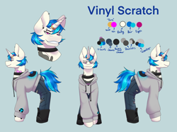 Size: 2732x2048 | Tagged: safe, alternate version, artist:blacksky1113, artist:snows-undercover, imported from derpibooru, dj pon-3, vinyl scratch, pony, unicorn, icey-verse, alternate hairstyle, blue background, boots, bracelet, choker, clothes, commission, ear piercing, earring, eyebrow piercing, female, hoodie, horn, horn ring, implied lesbian, implied octavia, implied scratchtavia, implied shipping, jeans, jewelry, mare, pants, piercing, reference sheet, ring, shirt, shoes, simple background, solo, t-shirt, tattoo, torn clothes, wedding ring, wristband