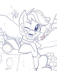 Size: 1500x1875 | Tagged: safe, artist:tsitra360, imported from derpibooru, big macintosh, double diamond, night glider, sugar belle, earth pony, pony, lineart, male, one eye closed, snow, snowball, snowball fight, solo focus, winter