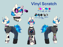 Size: 2732x2048 | Tagged: safe, alternate version, artist:blacksky1113, artist:snows-undercover, imported from derpibooru, dj pon-3, vinyl scratch, pony, unicorn, icey-verse, alternate hairstyle, blue background, boots, bracelet, choker, clothes, commission, ear piercing, earring, eyebrow piercing, female, glasses, horn, horn ring, implied lesbian, implied octavia, implied scratchtavia, implied shipping, jeans, jewelry, mare, pants, piercing, reference sheet, ring, shirt, shoes, simple background, solo, t-shirt, tattoo, torn clothes, vinyl's glasses, wedding ring, wristband