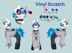 Size: 2732x2048 | Tagged: safe, alternate version, artist:blacksky1113, artist:snows-undercover, imported from derpibooru, dj pon-3, vinyl scratch, pony, unicorn, icey-verse, alternate hairstyle, blue background, boots, bracelet, choker, clothes, commission, ear piercing, earring, eyebrow piercing, female, glasses, horn, horn ring, implied lesbian, implied octavia, implied scratchtavia, implied shipping, jeans, jewelry, mare, pants, piercing, reference sheet, ring, shirt, shoes, simple background, solo, t-shirt, tattoo, torn clothes, vinyl's glasses, wedding ring, wristband