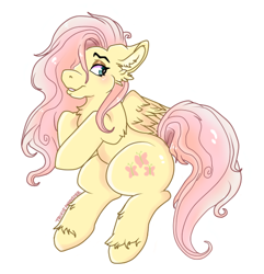 Size: 469x486 | Tagged: safe, artist:candymonsterr, imported from derpibooru, part of a set, fluttershy, pegasus, pony, big ears, blushing, chest fluff, cute, cutie mark, ear fluff, eyeshadow, female, floppy ears, hair over one eye, hooves together, lip bite, makeup, mare, shyabetes, simple background, solo, stray strand, white background