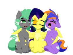 Size: 4444x3333 | Tagged: safe, artist:n0nnny, imported from derpibooru, oc, oc only, oc:electric aura, oc:minty strip, oc:mixi creamstar, pegasus, pony, 2020 community collab, derpibooru community collaboration, awkward, behaving like a bird, belly button, blushing, chest fluff, ear fluff, ethereal mane, eyes closed, female, galaxy, galaxy mane, group photo, laughing, open mouth, pegasus oc, piercing, screaming, simple background, spread wings, tongue out, transparent background, underhoof, wings