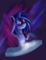 Size: 788x1014 | Tagged: safe, artist:ravendashprime, imported from derpibooru, vinyl scratch, pony, unicorn, abstract background, armpits, female, glasses, mare, mixing console, raised hoof, smiling, solo
