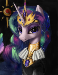 Size: 1750x2250 | Tagged: safe, artist:ravendashprime, imported from derpibooru, princess celestia, alicorn, pony, alternate hairstyle, bust, ethereal mane, eyeshadow, female, headdress, jewelry, lidded eyes, looking at you, makeup, mare, peytral, regalia, smiling, solo, starry mane, tiara