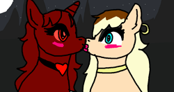 Size: 963x514 | Tagged: safe, anonymous artist, imported from derpibooru, oc, oc only, pony, 1000 hours in ms paint, background pony strikes again, bimbo, blonde, blushing, ear piercing, earring, edgy, eyelashes, female, heart, jewelry, kissing, lesbian, makeup, mountain, necklace, night, piercing, red, red eyes