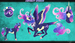 Size: 1575x915 | Tagged: safe, artist:bijutsuyoukai, imported from derpibooru, oc, oc only, oc:midnight breeze, alicorn, pony, female, mare, parents:lunashy, reference sheet, solo