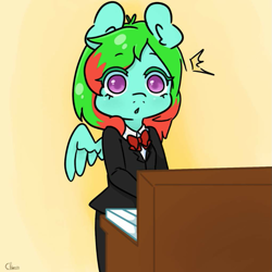 Size: 797x797 | Tagged: safe, artist:themoustachemare, imported from derpibooru, oc, oc:precised note, anthro, :o, bowtie, clothes, colored pupils, eyebrows, gradient background, keyboard, musical instrument, open mouth, piano, playing, shocked, shocked expression, simple background, standing, startled, suit, tuxedo, watermark, wings