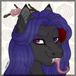 Size: 1280x1280 | Tagged: safe, artist:akumajdragon, imported from derpibooru, oc, oc only, oc:ako, pony, bust, fangs, female, flower, mare, portrait, solo, tongue out