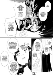 Size: 751x1063 | Tagged: safe, artist:0ryomamikado0, imported from derpibooru, spike, twilight sparkle, demon, dragon, semi-anthro, unicorn, comic:pink n'green, bowing, dialogue, monochrome, nio, pillow, rage