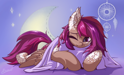 Size: 3540x2156 | Tagged: safe, artist:rednite, imported from derpibooru, oc, oc only, oc:asteroid trail, pegasus, pony, bed hair, commission, cute, dishevelled, dreamweaver, female, high res, mare, ocbetes, one eye closed, pillow, signature, sleepy, solo, ych result