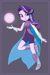 Size: 1000x1500 | Tagged: safe, artist:mew-me, imported from derpibooru, starlight glimmer, equestria girls, cape, cloak, clothes, cosplay, costume, crescent moon, crossover, cute, female, fingerless gloves, gem, glimmer (she-ra), glimmerbetes, gloves, jewelry, looking at you, magic, moon, namesake, pun, she-ra, she-ra and the princesses of power, simple background, smiling, solo, sparkles, stars, visual pun