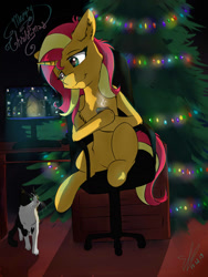 Size: 1010x1346 | Tagged: safe, alternate version, artist:yuris, imported from derpibooru, sunset shimmer, cat, pony, unicorn, cheek fluff, chest fluff, christmas, christmas tree, female, holiday, leg fluff, sitting, solo, tree