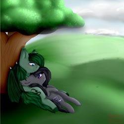 Size: 894x894 | Tagged: safe, artist:diantrex, imported from derpibooru, oc, oc only, oc:doom nocturne, oc:midnight blitz, bat pony, pony, blushing, couple, cuddling, tree