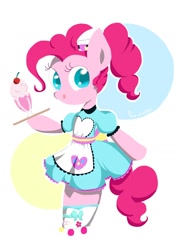 Size: 1230x1732 | Tagged: safe, artist:1drfl_world_end, imported from derpibooru, pinkie pie, earth pony, pony, coinky-dink world, eqg summertime shorts, equestria girls, abstract background, apron, bipedal, clothes, cute, diapinkes, dress, equestria girls ponified, female, mare, milkshake, ponified, ponytail, server pinkie pie, solo, tongue out, tray