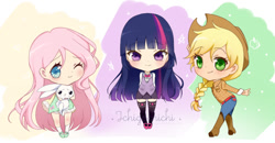 Size: 950x493 | Tagged: safe, artist:ichigochichi, imported from derpibooru, angel bunny, applejack, fluttershy, twilight sparkle, human, anime, boots, braid, chibi, clothes, colored pupils, cowboy hat, cute, dress, female, freckles, hat, humanized, jackabetes, jeans, looking at you, mary janes, miniskirt, one eye closed, pants, pleated skirt, shoes, shyabetes, skirt, socks, stetson, thigh highs, trio, twiabetes, wink, zettai ryouiki