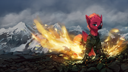 Size: 1920x1080 | Tagged: safe, artist:quvr, imported from derpibooru, oc, oc only, oc:arcus flamefeather, hippogriff, clothes, fire, male, mountain, mountain range, solo