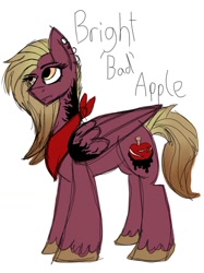 Size: 774x1033 | Tagged: safe, artist:blondebrony, imported from derpibooru, oc, oc only, oc:bad apple, pegasus, pony, ear piercing, earring, female, jewelry, mare, neckerchief, offspring, parent:big macintosh, parent:fluttershy, parents:fluttermac, piercing, simple background, solo, tattoo, unshorn fetlocks, white background