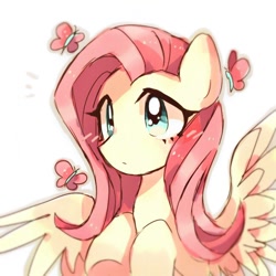 Size: 900x900 | Tagged: safe, artist:jojofassbender, imported from derpibooru, fluttershy, butterfly, pegasus, pony, bust, cute, female, hooves to the chest, mare, portrait, shyabetes, simple background, solo, spread wings, three quarter view, white background, wings