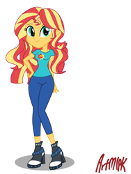 Size: 1536x2048 | Tagged: safe, artist:artmlpk, imported from derpibooru, sunset shimmer, equestria girls, alternate hairstyle, boots, clothes, cutie mark, female, hand on hip, leggings, looking at you, shoes, simple background, smiling, solo, vector, white background