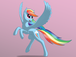 Size: 2000x1500 | Tagged: safe, artist:nebulastar985, imported from derpibooru, rainbow dash, pegasus, pony, female, looking back, mare, rearing, simple background, solo, spread wings, wings