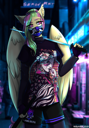 Size: 2090x3000 | Tagged: safe, artist:serodart, imported from derpibooru, oc, oc only, oc:mollydv, anthro, pegasus, chromatic aberration, clothes, cyber legs, cyberpunk, cyberpunk 2077, eyebrow slit, eyebrows, face mask, fingerless gloves, gloves, katana, mask, neon, samurai, shirt, shorts, solo, sword, t-shirt, weapon