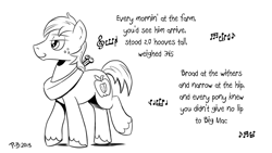 Size: 1200x675 | Tagged: safe, artist:pony-berserker, imported from derpibooru, big macintosh, earth pony, pony, black and white, grayscale, i can't believe it's not idw, jimmy dean, male, monochrome, music notes, pony-berserker's twitter sketches, signature, simple background, sketch, solo, stallion, white background