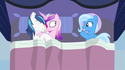 Size: 1362x761 | Tagged: safe, artist:mlp-silver-quill, edit, imported from derpibooru, princess cadance, shining armor, trixie, pony, after the fact, bed, crossed horns, exploitable meme, female, grin, horn, horns are touching, implied good clean married sex, implied sex, inconvenient trixie, male, mare, meme, pillow, smiling, somepony sleeps next to shining armor and princess cadance, stallion, wide eyes