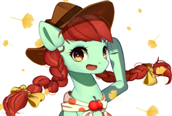 Size: 1032x698 | Tagged: safe, artist:togeticisa, imported from derpibooru, candy apples, earth pony, pony, apple, apple family member, background pony, bow, braid, braided pigtails, bust, cowboy hat, cute, female, food, hair bow, hat, leaf, leaves, looking at you, mare, open mouth, portrait, simple background, solo, white background
