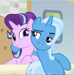 Size: 934x942 | Tagged: safe, imported from derpibooru, screencap, starlight glimmer, trixie, pony, unicorn, road to friendship, bipedal, bipedal leaning, cropped, cute, duo, female, glimmerbetes, hoof around neck, leaning, lidded eyes, looking at each other, mare, raised eyebrow, sitting, smiling, smirk, squishy cheeks