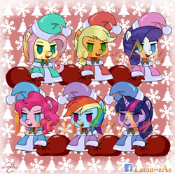 Size: 500x495 | Tagged: safe, artist:lechu-zaz, imported from derpibooru, applejack, fluttershy, pinkie pie, rainbow dash, rarity, twilight sparkle, pony, christmas, christmas tree, fate/grand order, holiday, mane six, padoru, snow, tree