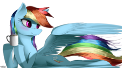 Size: 4500x2500 | Tagged: safe, artist:nixworld, imported from derpibooru, rainbow dash, pegasus, pony, blushing, coffee mug, cute, dashabetes, female, high res, mare, mug, prone, simple background, solo, spread wings, white background, wings