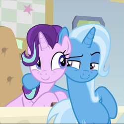 Size: 939x940 | Tagged: safe, imported from derpibooru, screencap, starlight glimmer, trixie, pony, unicorn, road to friendship, belly, bipedal, bipedal leaning, cropped, cute, duo, female, glimmerbetes, leaning, lidded eyes, looking at each other, mare, raised eyebrow, smiling, smirk